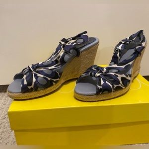 Circa Joan & David Espadrilles. Navy blue, light blue, and white. 4 inch wedge.